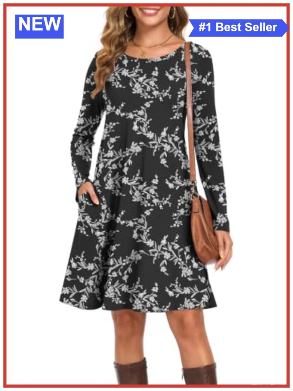 Long Sleeve A-Line Swing Dress with Pockets Casual Loose Fit